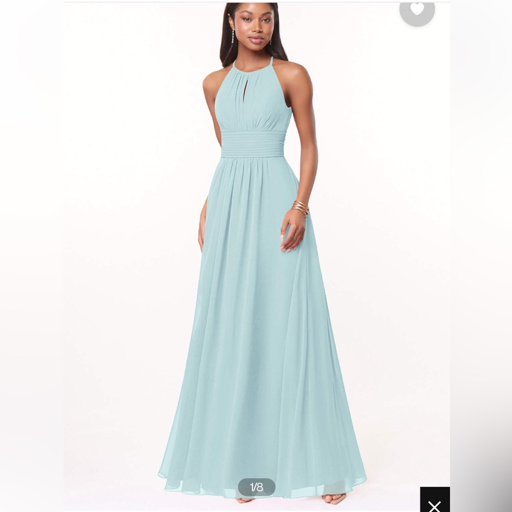 Bridesmaid/Prom mint/sea-foam chiffon floor-length halter dress w/banded waist.